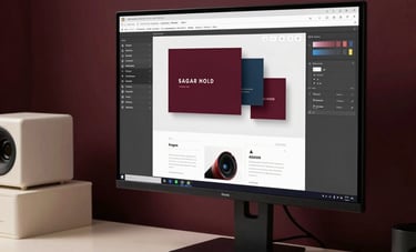 High-end photography focusing on a professional design workstation in a Spanish studio. A large monitor displays a sleek, modern brand identity project. The atmosphere is sophisticated with deep burgundy lighting accents and cream-colored minimalist decor.