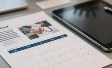 Close-up of an organized desktop in a creative agency. A tablet and printed editorial calendars are visible. The scene is shot with a shallow depth of field, highlighting strategic planning tools. Color palette includes blue-grey and soft cream tones with professional lighting.