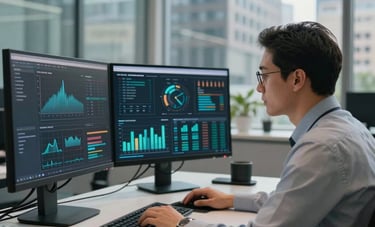 A professional analyst in a modern, glass-walled office in a North American city, reviewing complex data visualizations on multiple sleek monitors, lit by soft natural light.