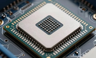 A sharp, clear photograph of a modern microprocessor or computer chip on a motherboard, symbolizing precision and machine learning power, featuring metallic textures and gray blue tones.