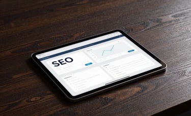 A high-end, minimalist creative studio setting. A sleek tablet sits on a dark wood surface, displaying complex SEO and usability metrics. The lighting is low-key and dramatic, emphasizing textures and professional precision in a modern North American design style.