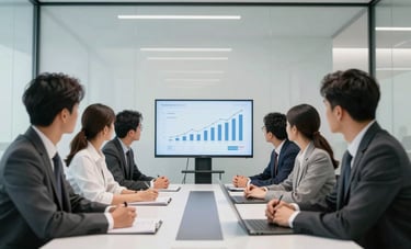 International business professionals in a sleek, minimalist glass-walled meeting room. They are focused on a thin digital screen showing growth trends. The aesthetic is modern and sophisticated, using a palette of white, light grey, and deep charcoal. Crisp, professional atmosphere.
