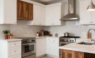 A wide angle shot of a beautifully remodeled, modern kitchen in a Latinoamericano house, featuring clean white cabinetry and warm wood accents, polished surfaces.