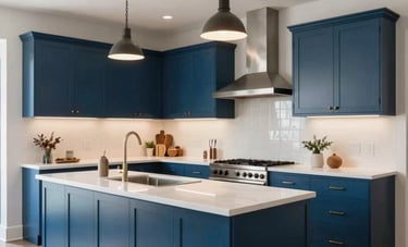 A wide-angle professional photograph of a fully transformed kitchen in Los Angeles. The space is a modern marvel with steel blue cabinetry, polished white surfaces, and industrial-style lighting. The design emphasizes a bold revival from old to outstanding. The composition is clean, showcasing a high-conversion, functional residential kitchen.
