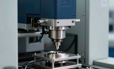 Close-up photography of a precision manufacturing line for premium domestic appliances in Central Europe. High-tech assembly equipment is shown with a focus on quality craftsmanship. Colors: steel blue, navy blue, and pale gray.