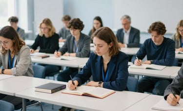 An inviting photography of a modern educational seminar in a Slovak venue. People are seated at clean white tables with books, engaged in a workshop. Soft morning light creates an inspiring atmosphere. Palette: pale blue, white, and navy blue.