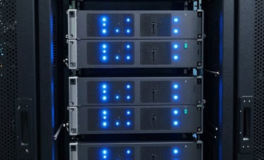 A close-up photograph of high-tech server racks in a North American data center, glowing with light blue and slate blue indicator lights, symbolizing powerful software solutions.