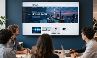 A creative meeting in a modern US design studio where team members look at a large screen displaying a sophisticated website layout. Professional atmosphere with navy blue accents.
