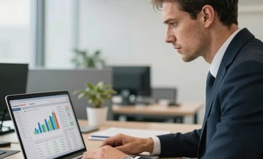 A Western European business manager in a professional office, looking at a laptop screen showing clean financial charts and dashboard data for a transport company. Professional and bright lighting.
