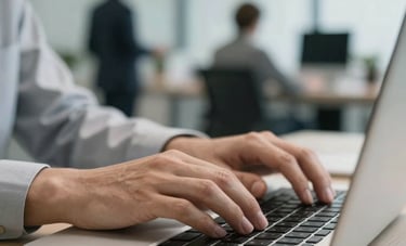 Close-up of professional hands typing on a laptop keyboard in a bright, modern Western European office. In the background, a blurry business setting suggesting security and digital efficiency.