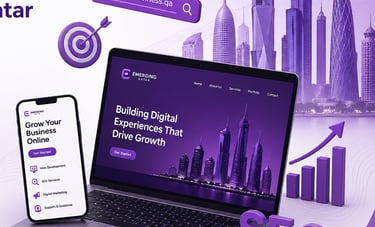 Digital marketing and SEO services display featuring a laptop, smartphone, and 3D icons against a purple Qatar skyline.