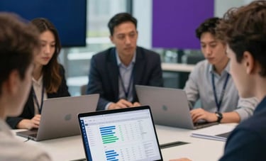 A group of professional software engineers collaborating in a bright, modern glass-walled conference room in a North American &amp;amp;amp;#x2F; International tech hub. Soft natural light illuminates a high-end laptop displaying a clean analytics dashboard, while elegant dark blue and deep purple design accents are visible in the background.