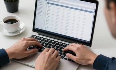 High-angle shot of a clean workspace in a US office, hands typing on a modern laptop showing property data charts, cup of coffee, professional environment focused on efficiency, navy blue tones.