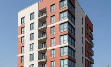 Modern multifamily residential apartment building in a North American suburb, architectural photography with crisp blue sky, conveying luxury and efficiency, coral and off-white accents in the environment.