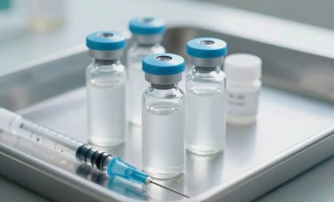 A close-up photograph of professional medical injection vials and sterile equipment placed on a clean tray in a bright South Asian medical clinic. The lighting is soft and natural, emphasizing safety and clinical precision with pale blue accents.