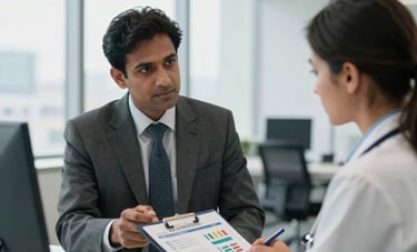 A professional medical consultant in South Asian formal attire discussing pharmaceutical data charts with a healthcare professional in a well-lit, modern corporate office. The room has large windows and a clean slate gray and white palette.