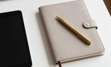 A top-down view of a designer table with a tablet, a stylish notebook, and a gold pen in a bright, modern studio in Northern Europe.