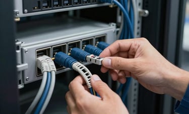 A close-up of a telecommunications rack with neatly organized navy blue and grey cables. A technician's hand is visible checking a connection in a high-tech server room in a Latin American / Spanish facility. Lighting is professional and clean.