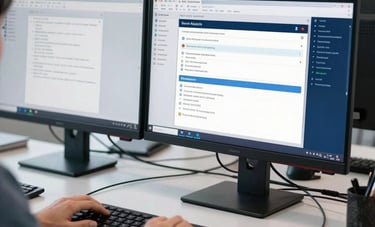 A tidy and professional technical support workstation in a Latin American / Spanish business district. Two high-resolution screens display system analytics. The setting is bright, using a palette of navy blue and light grey to convey a modern corporate trust.