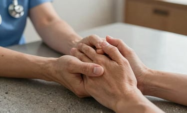 Close-up shot of two people's hands gently clasped together over a warm pebble gray tabletop in a modern US home. Soft, shallow focus, highlighting the compassionate connection between a professional caregiver and a client.