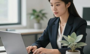A professional administrative workspace in a North American setting, featuring a clean desk with a laptop and a small vase of soft sage green leaves. The lighting is bright and supportive, conveying an efficient and reliable service environment.