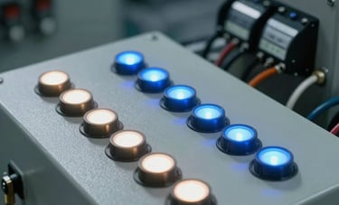 Close-up photography of an industrial automation control panel with glowing lights in blue and white. Mechanical textile components are visible in the background, out of focus. Professional industrial aesthetic with high contrast and sharp details.