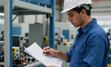 A professional industrial engineer in a South American / Brazilian facility reviewing a technical blueprint for a hanger system layout. The atmosphere is professional and technological, featuring deep blue and light grey tones in the background equipment.