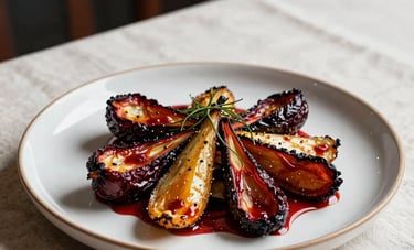 High-end photography of a gourmet dish in a cozy Scandinavian-style restaurant in North America. A plate of farm-to-table roasted vegetables is set on a crisp parchment linen cloth. Professional lighting highlighting deep ripe crimson colors.