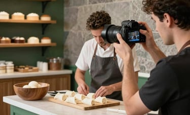 A behind-the-scenes shot in a North American artisanal bakery. A professional content creator using a modern camera is capturing a baker at work. The scene is warm with matte forest green accents and stone grey textures.