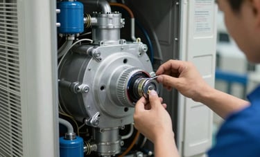 A close-up, sharp photograph of a high-efficiency interior air handling unit being expertly repaired by a technician in a North American utility room. The lighting is cool and technical, highlighting the industrial silver and blue components of the air system. The style is engineering-grade and professional.