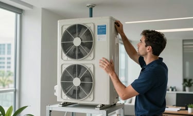 A new, high-efficiency central air conditioning unit being expertly installed in a modern Miami interior. The lighting is bright and clean, showcasing professional equipment and a neat workspace. Professional photography, North American / US - Miami, Florida.