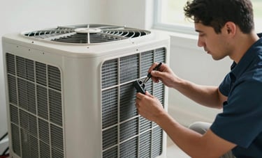 A technician performing a precision tune-up on an indoor HVAC unit, checking air filters and coils. The environment is a clean, modern mechanical room in a North American / US - Miami, Florida home. Bright lighting, professional atmosphere.