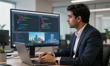 A South Asian developer in professional attire conducting a technical video conference from a high-tech office in Ahmedabad, vibrant screen reflecting code and architecture diagrams.