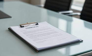 A close-up photograph of a formal contract on a glass table in a South Asian corporate boardroom, symbolizing trust and legal compliance, soft natural lighting and gray-blue tones.