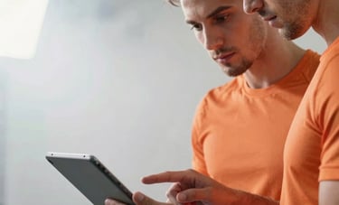 Close-up of a professional coach and an athlete reviewing a training tablet in a sleek studio. Atmospheric lighting with Smoke White and Light Orange tones creates a professional, focused mood. Global / Spanish-speaking vibe.