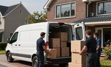 A group of professional movers organized outside a large Dutch family home, unloading boxes from a modern transport van. Professional, sunny day, residential area.