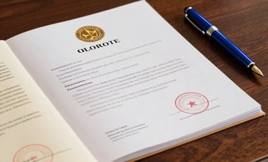 A close-up photography shot of a mahogany desk in a luxury office. A set of gold and white company registration documents sits next to a designer royal blue fountain pen. The lighting is warm and professional, emphasizing a premium business aesthetic.