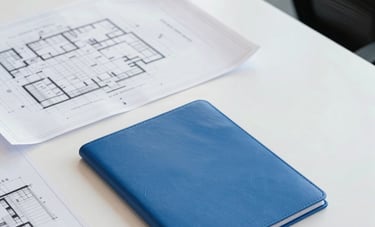 A high-angle view of a modern business meeting in a high-rise office in Mumbai. Clean white table, architectural blueprints, and a royal blue business folder. The style is professional, sharp, and reflects a formal Indian corporate setting.