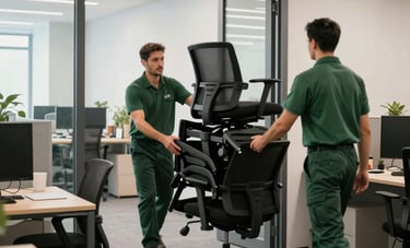 The interior of a modern North American office space being cleared. Professional movers in green uniforms are neatly stacking office chairs and desks near a service entrance. High-contrast lighting, clean and efficient atmosphere, professional photography style.