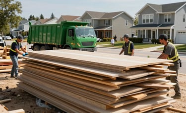 A residential construction site in a North American neighborhood where a pile of drywall and wood scraps is being cleared by a professional crew. A green dump trailer is visible in the background. Bright, clear lighting, wide-angle shot showing a thorough cleanup in progress.