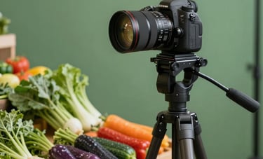 A professional DSLR camera on a tripod capturing a cinematic shot of fresh, colorful vegetables from a North American / US farm market. The setting is a bright, modern studio with matte forest green backdrops.