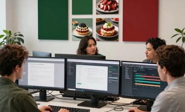 A sophisticated North American / US office setting where a team is analyzing digital branding on large monitors. A mood board on the wall features dark green and crimson swatches alongside high-end food photography.
