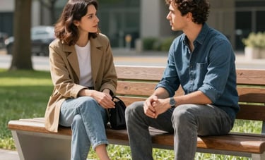 A candid photograph of two people sitting on a modern wooden bench in a sun-drenched North American urban park, engaged in deep conversation, representing guidance and clarity, with natural colors of tan and blue-grey.