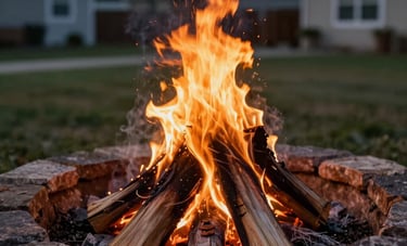 A close-up shot of a small campfire glowing warmly in a backyard stone pit in a North American suburban setting during twilight, creating a sense of warmth, community, and inspiration.