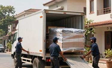 A wide shot of a professional moving truck parked in a clean South Asian / Indian residential neighborhood. Movers are seen using a ramp to load carefully wrapped furniture, demonstrating high-quality logistical standards.