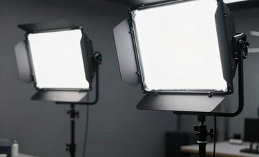 Interior shot of a modern, clean Southeast Asian workshop illuminated by high-output industrial LED floodlights. Even, bright white lighting that emphasizes efficiency and professional atmosphere. Modern architecture, minimalist aesthetic, deep black shadows.