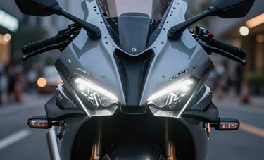 Close-up of a premium sportbike's front fairing at dusk in an Indonesian urban setting. The dual LED headlights are illuminated, cutting through the shadows with intense white light. Sharp focus on the lens details, bokeh background of city lights. Minimalist and elegant composition.