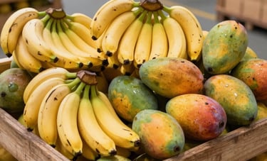 Fresh tropical Brazilian fruits including bananas and mangoes arranged in rustic wooden crates at a modern logistics center. Bright, natural lighting highlights the freshness and textures of the fruit.