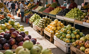 A wide-angle professional photograph of a sunny outdoor fruit market in Brazil, with neatly organized stalls. The scene looks professional, organized, and reflects a thriving commerce of native products.