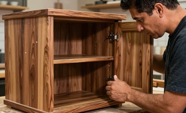 Detailed photography of a master craftsman in a workshop working on a custom kitchen cabinet, showing rich wood grain and natural textures, warm lighting, Hispanic / Latin American context.